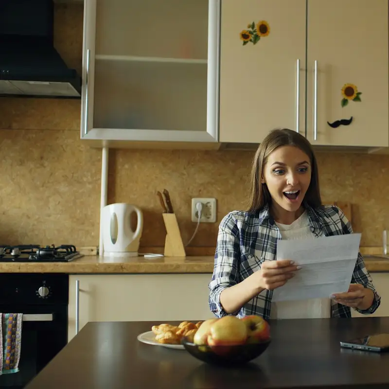 Email header photo: a woman at a kitchen table reading a letter with a delighted look while her partner walks over to see it