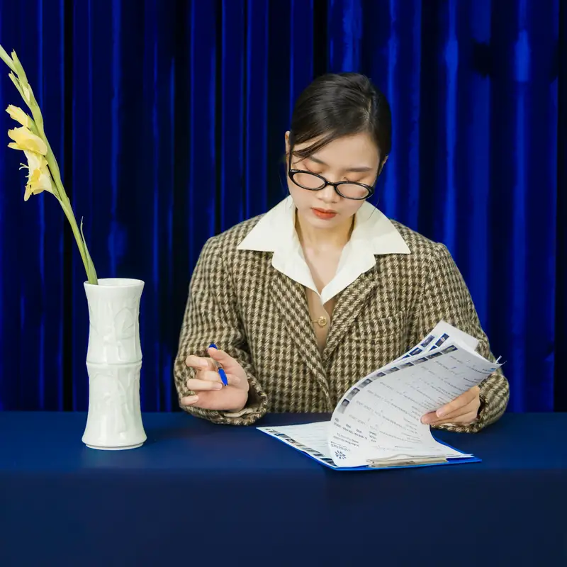 Email header photo: a woman in glasses and a checked blazer reading a printed document at her desk