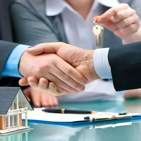 Two men shaking hands over a small model house and a set of keys on a table