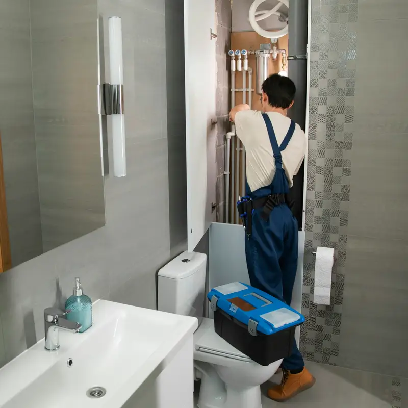 Email header photo: a plumbing contractor in overalls fitting supply pipes inside an open bathroom wall, with a toolbox set on the toilet lid