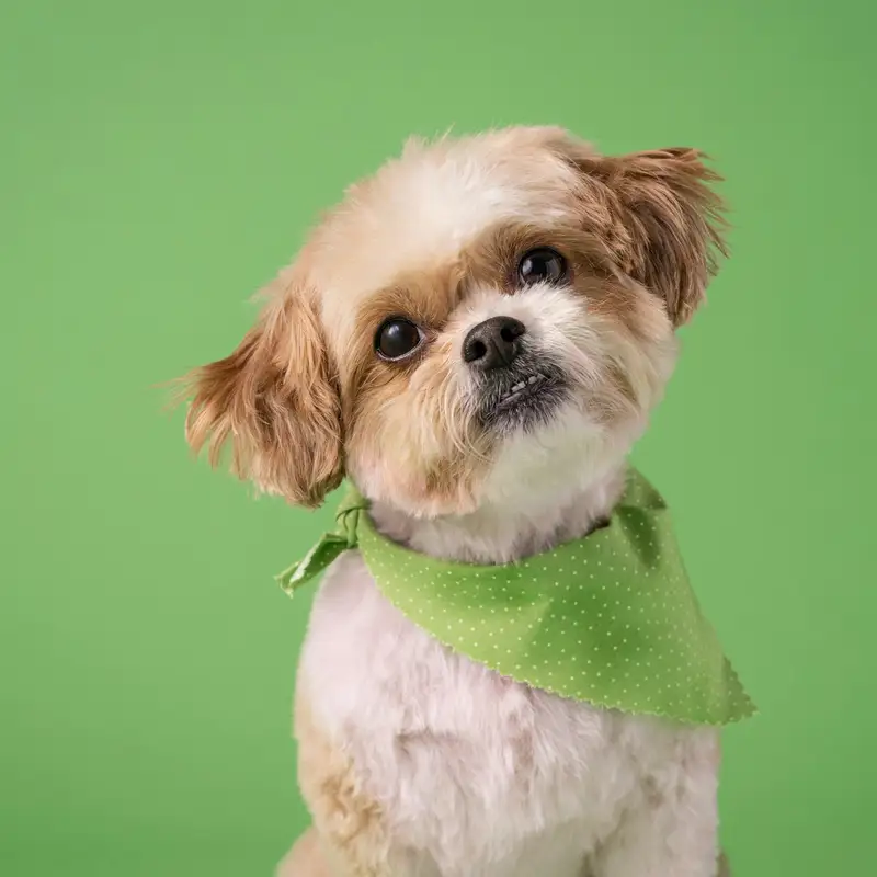Email header photo: freshly trimmed brown and white small dog in a green bandana, tilting its head at the camera