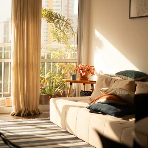 A sunlit apartment living room with a cream sofa, plants and tall windows looking out on the city