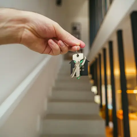 A hand holding up a set of house keys on a small house-shaped key ring at the foot of a staircase