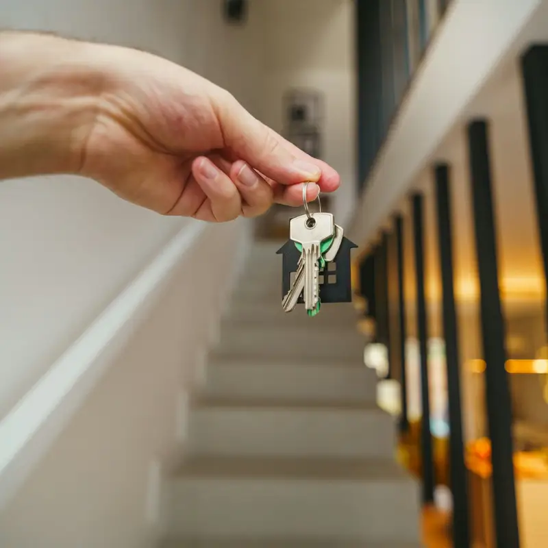 Email header photo: a hand holding up a set of house keys on a small house-shaped key ring at the foot of a staircase