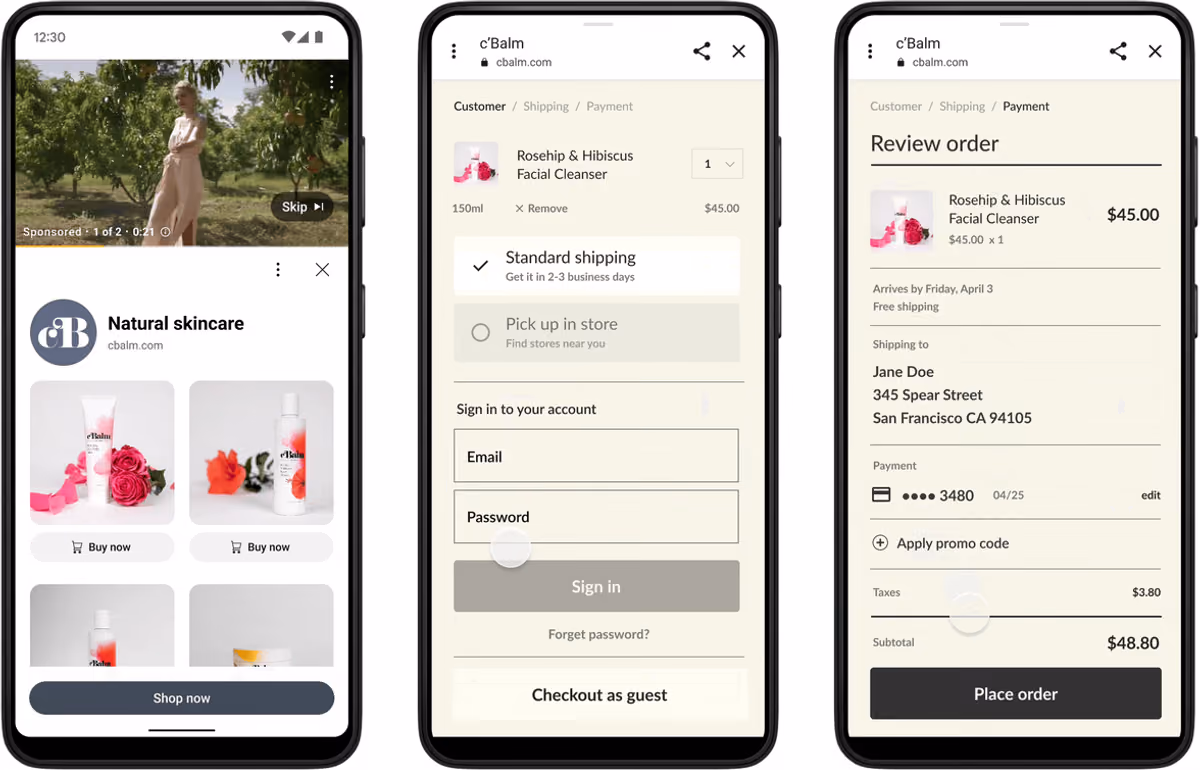 Three phone screens showing a sponsored YouTube video with skincare products and Buy now buttons, the store's cart with the cleanser already added, and the review order screen with a Place order button