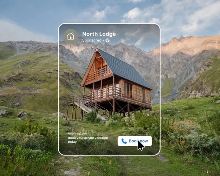 Instagram ad for a mountain cabin with a Book now button that opens a lead form