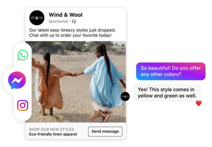 Clothing shop ad with a Send message button and the customer's chat about colors