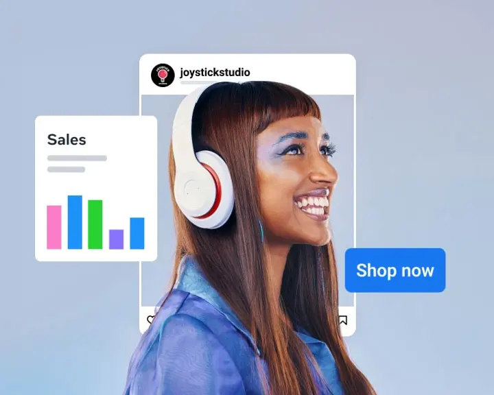 Instagram shopping ad with a Shop now button beside a rising sales chart