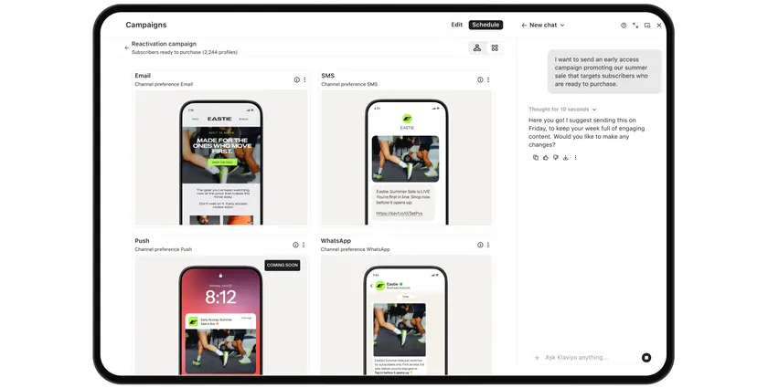 Klaviyo campaign dashboard with email, SMS, push and WhatsApp previews beside an AI assistant chat