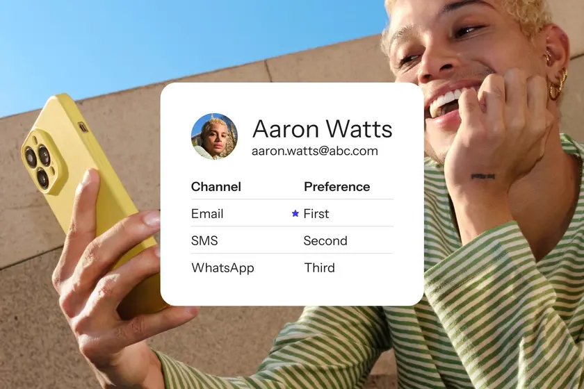 Shopper holding a phone beside a Klaviyo profile card that ranks his email, SMS and WhatsApp preferences