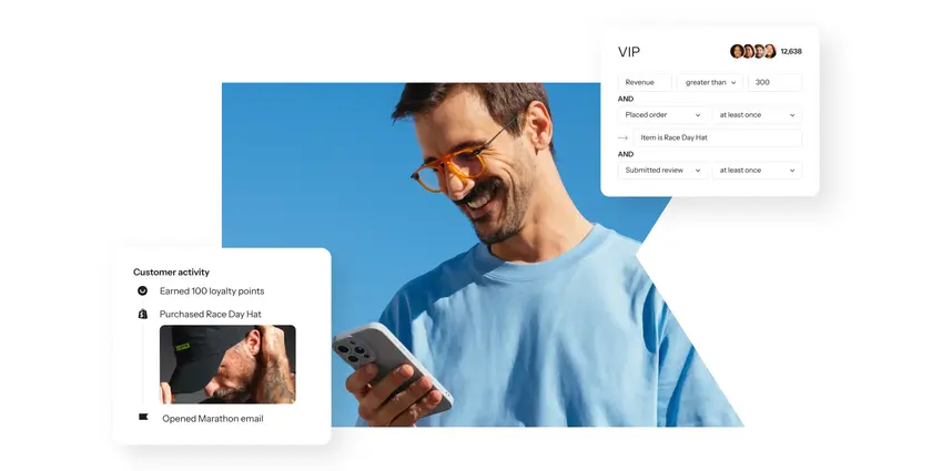 Shopper smiling at his phone beside Klaviyo panels showing his recent activity and a VIP audience segment