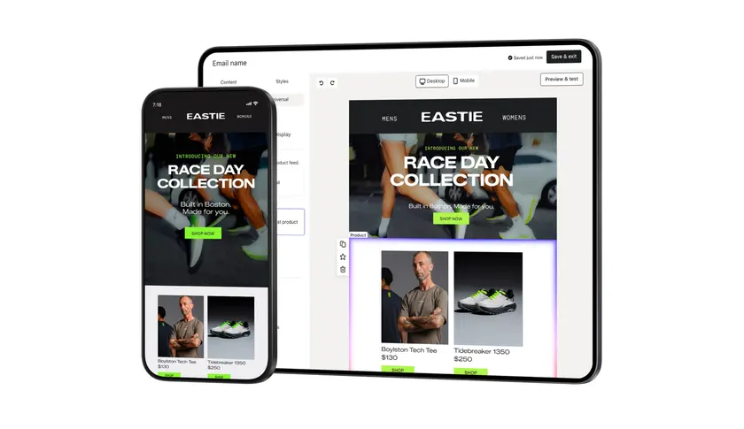Klaviyo email editor showing a sportswear campaign on desktop and mobile