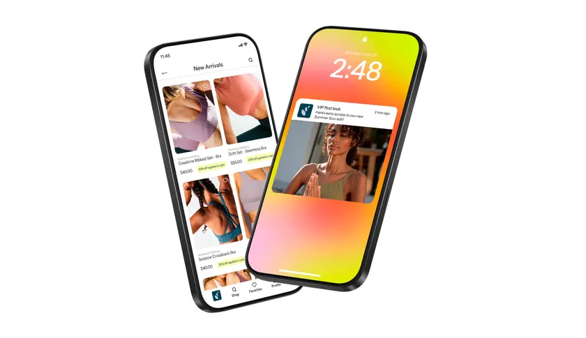 Two phones showing an activewear shopping app and a push notification on the lock screen