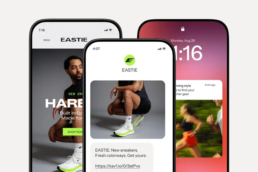 Three phones showing a sneaker promotion by text message, an app screen and a lock screen notification