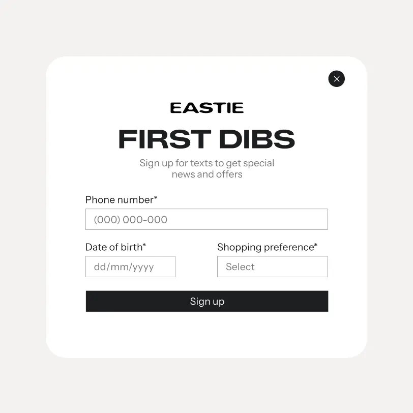 Klaviyo text message sign-up form asking for a phone number, birthday and shopping preference
