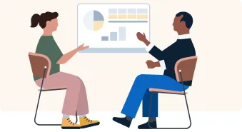 LinkedIn illustration of two professionals discussing charts on a board