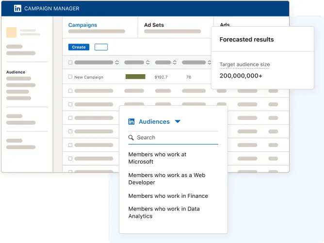 LinkedIn Campaign Manager example showing an audience built from job titles, with a forecast of audience size