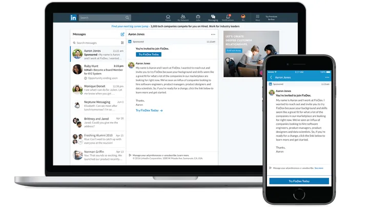 LinkedIn example of a conversation ad in the messaging inbox on desktop and mobile