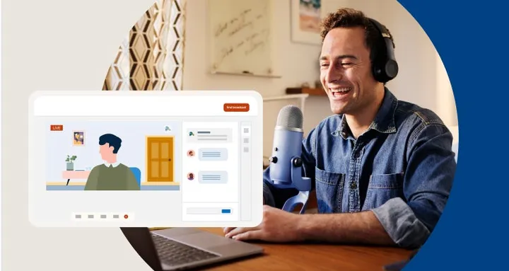 LinkedIn example of an event ad with a man presenting on a video call and a registration panel