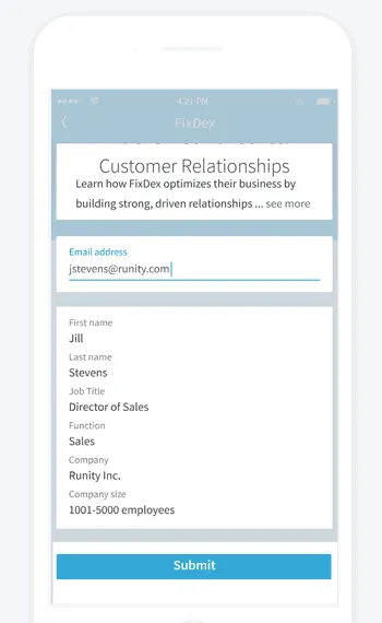 LinkedIn example of a lead form pre-filled with a member’s name, job title and company on a phone