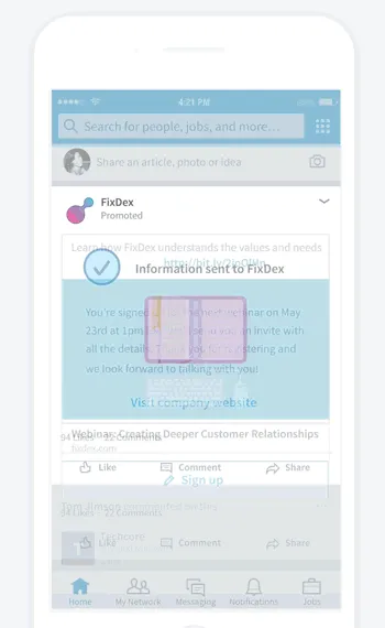 LinkedIn example of the confirmation screen a member sees after submitting a lead form