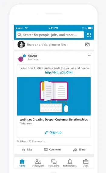 LinkedIn example of a promoted webinar post in the mobile feed with a Sign up button that opens a lead form