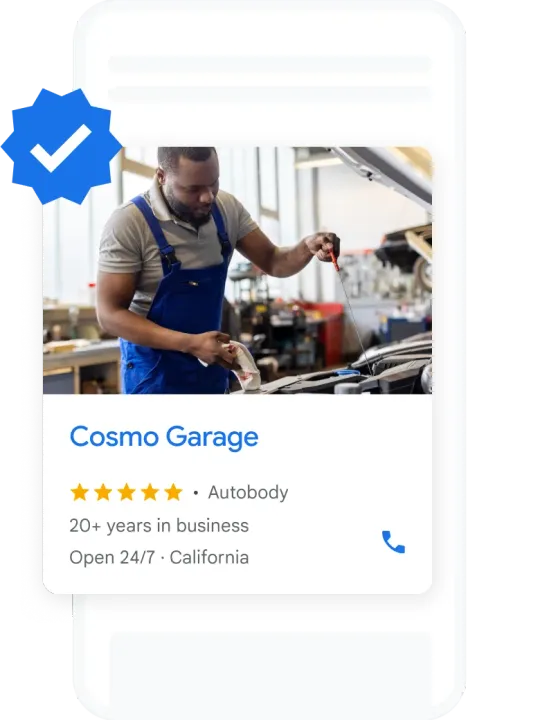 Google Local Services ad on a phone for an auto repair garage, with the Google Verified badge