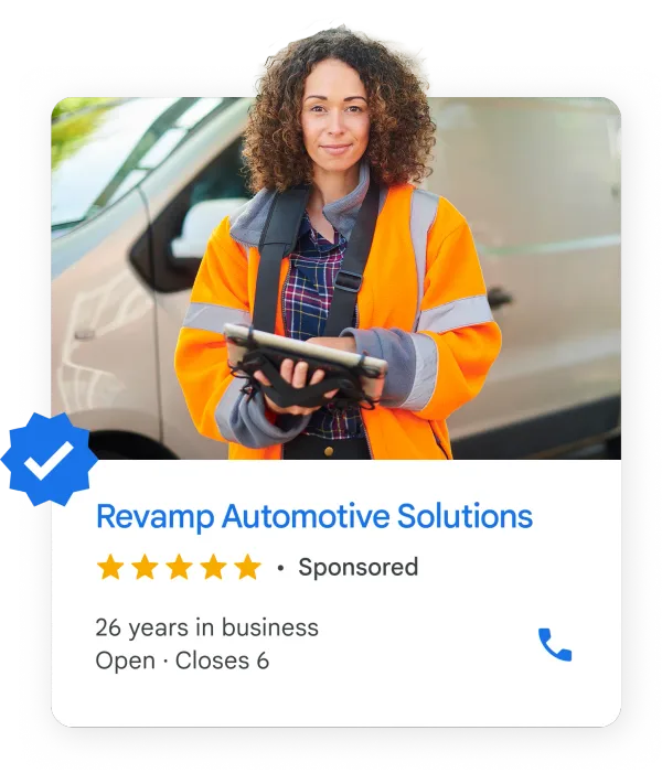 Auto technician holding a tablet, above a Local Services ad card with the Google Verified badge