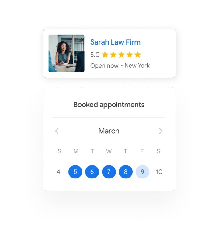 Local Services ad card for a law firm above a calendar of booked appointments