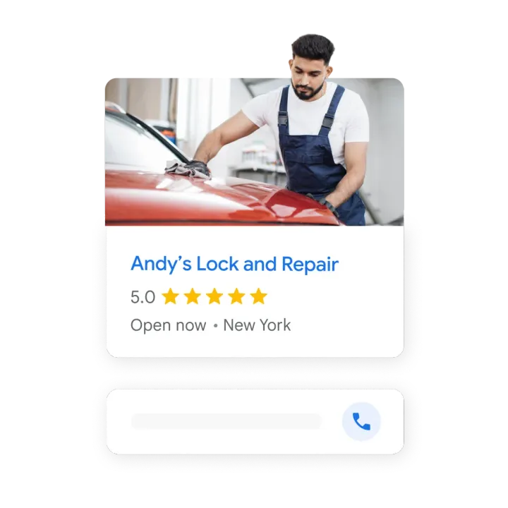 Local Services ad card for a repair business showing a five-star rating, open now and a call button