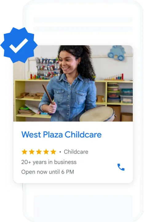 Google Local Services ad on a phone for a child care center, with the Google Verified badge