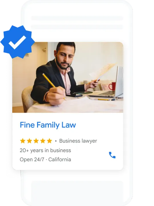 Google Local Services ad on a phone for a family law firm, with the Google Verified badge