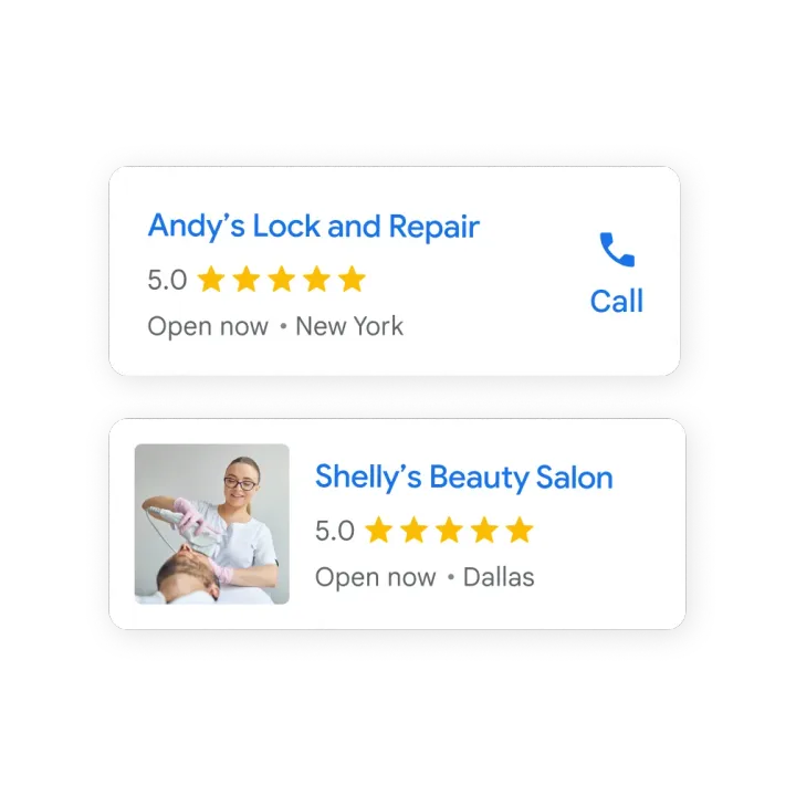 Two Local Services ad cards, a lock and repair service and a beauty salon, each with a 5.0 star rating