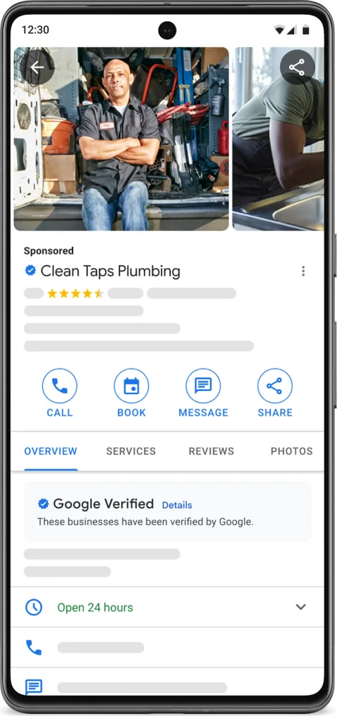 Phone showing a Local Services profile for a plumber with Call, Book and Message buttons and the Google Verified box