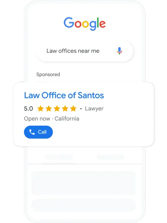 Search for law offices near me on a phone with a Local Services ad and a Call button