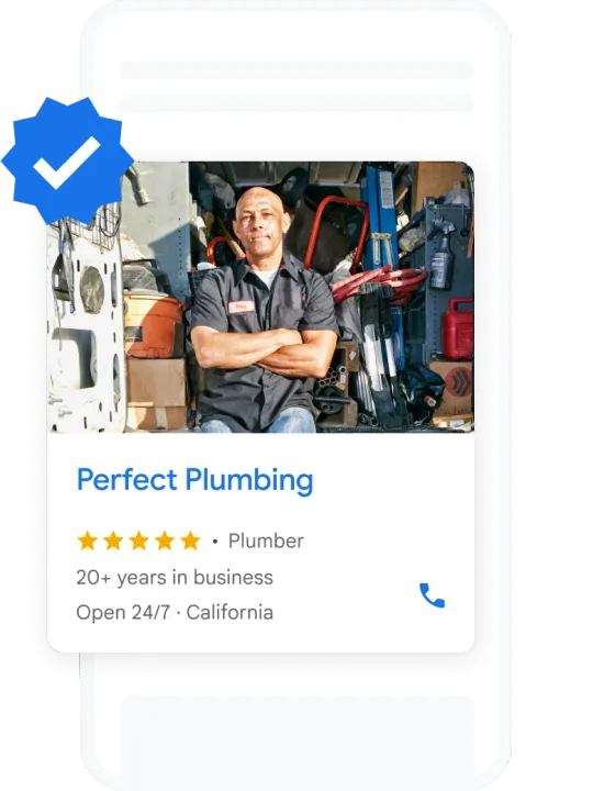 Google Local Services ad on a phone for a plumber, with the blue Google Verified badge, five stars and a call button