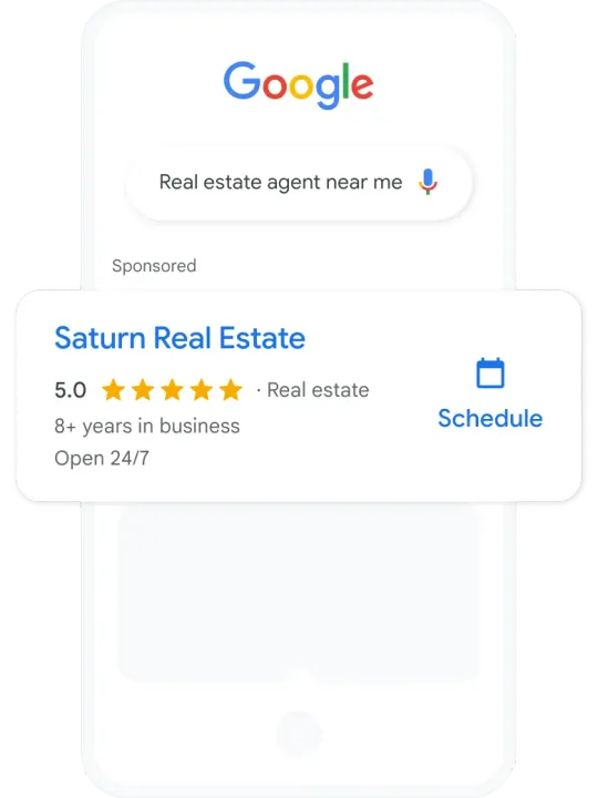Search for a real estate agent near me on a phone, with a Local Services ad and a Schedule button
