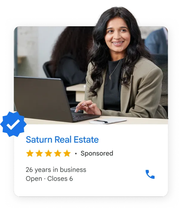 Real estate agent working at a laptop, above a Local Services ad card with the Google Verified badge