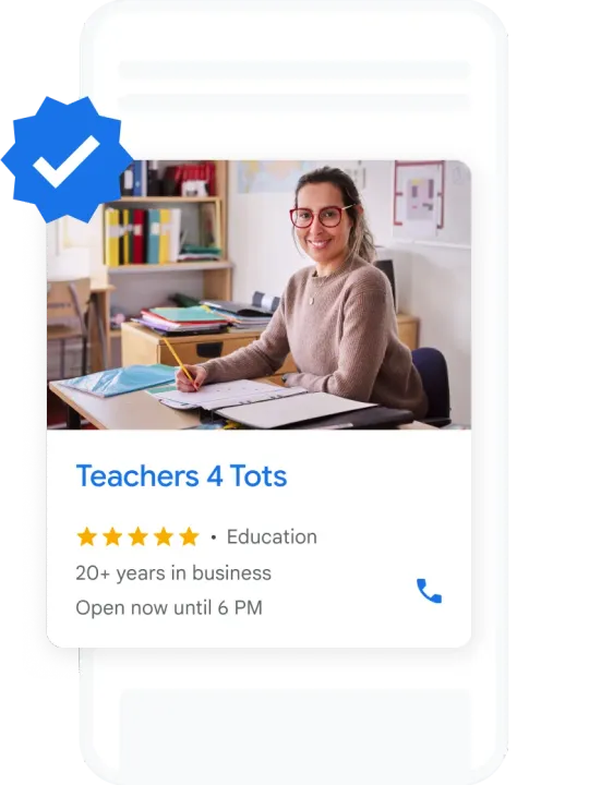 Google Local Services ad on a phone for an education business, with the Google Verified badge