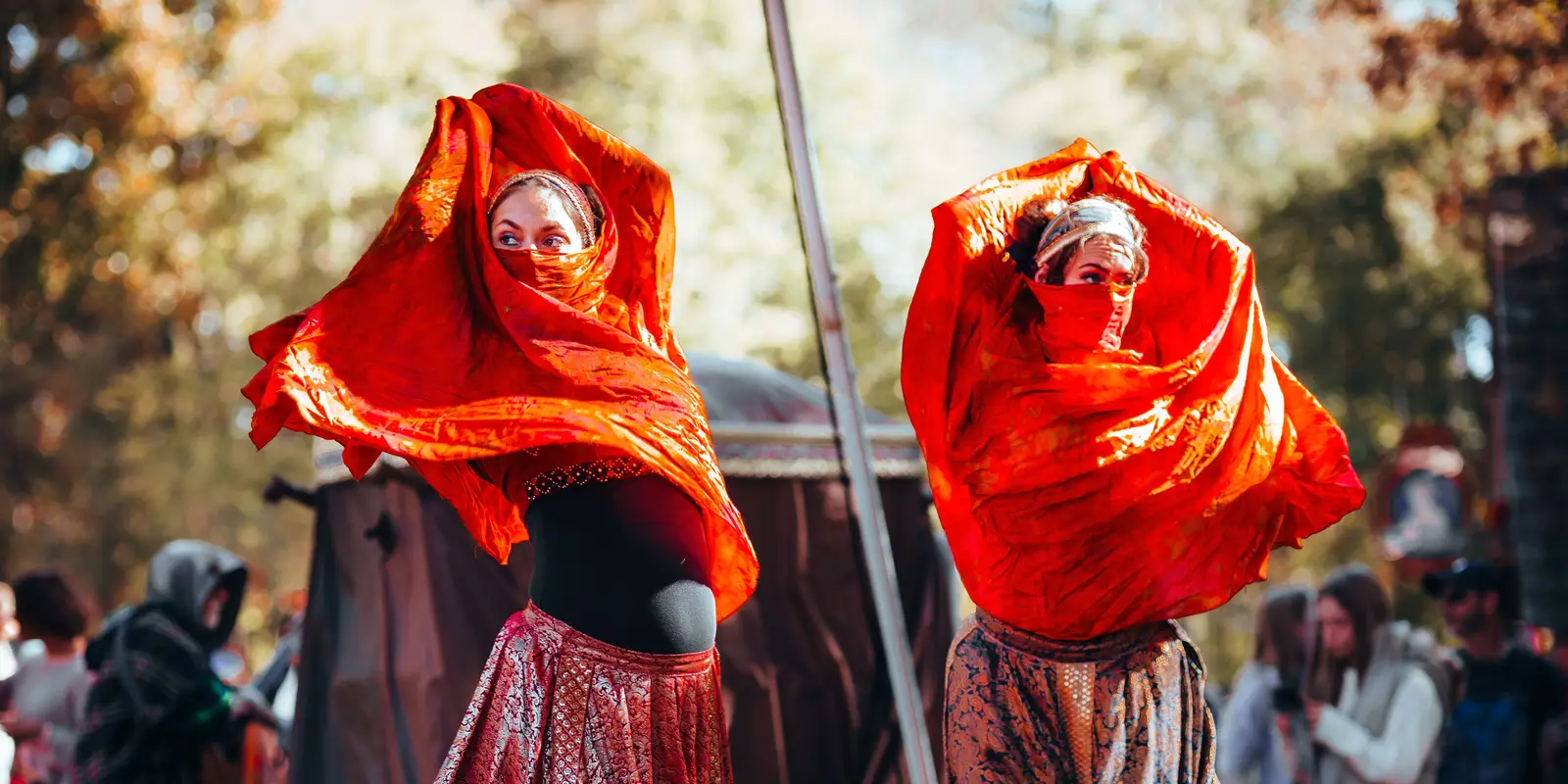 Costumed dancers performing on a stage at the Carolina Renaissance Festival in Huntersville, October 2023