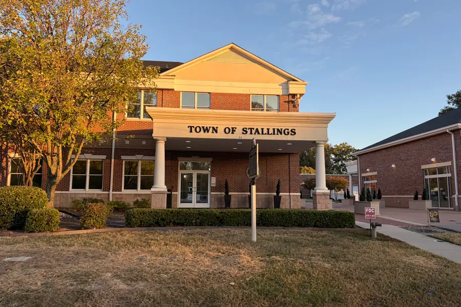 Modern civic municipal building and brick entrance at Stallings Town Hall bordering Indian Trail, North Carolina