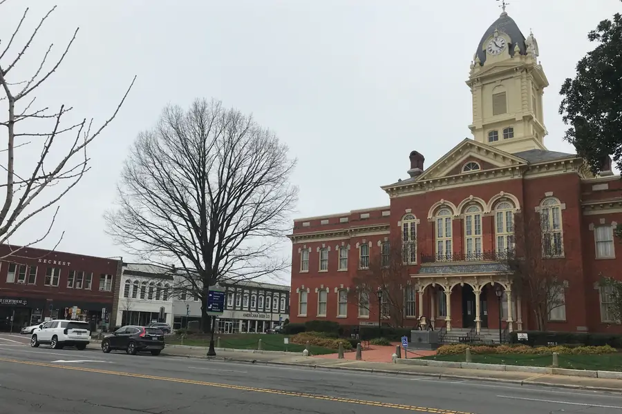 Historic Union County Courthouse with clock tower and brick facade in Union County, North Carolina