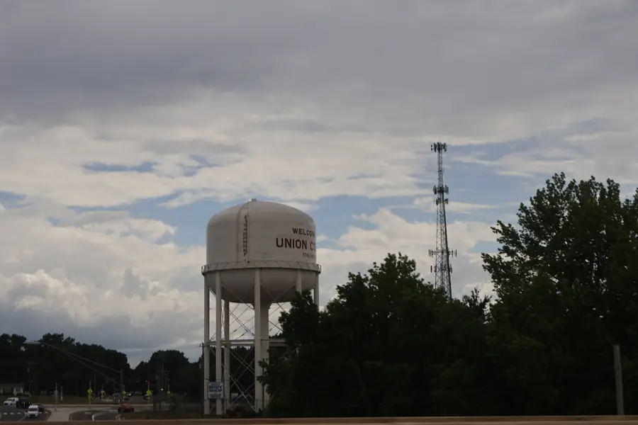 Union County water tower and commercial retail developments along the U.S. Route 74 corridor in Indian Trail, North Carolina