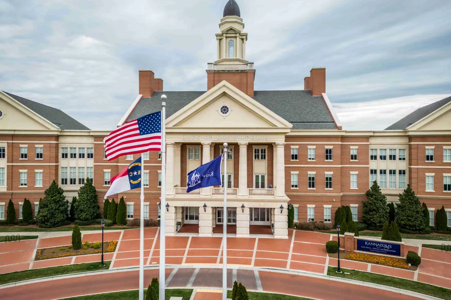 Front facade and classical brick architecture of Kannapolis City Hall on Laureate Way in Kannapolis, North Carolina