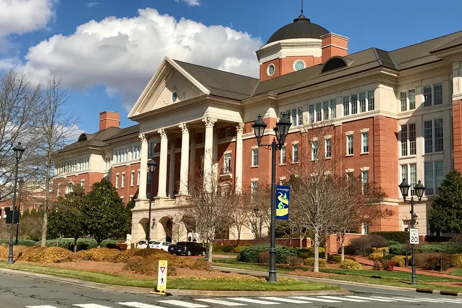 Neoclassical brick research laboratory building with clock tower at the North Carolina Research Campus in Kannapolis, North Carolina