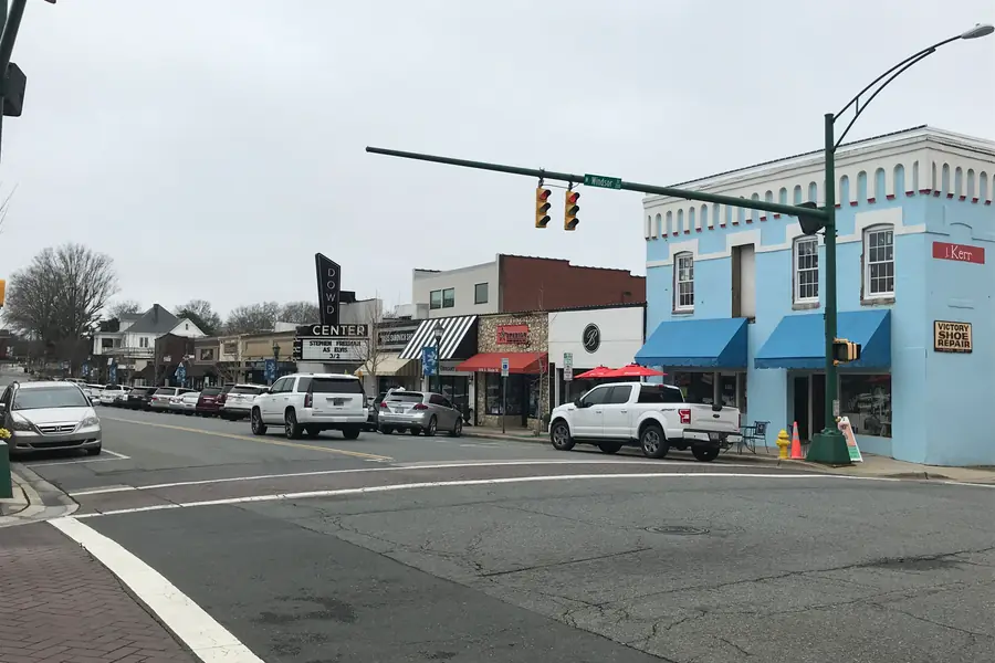 Historic masonry architecture and civic streetscape in downtown Monroe, North Carolina