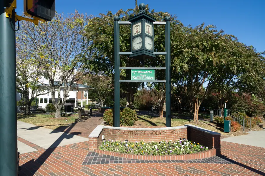 Landscaped paths and lawn at Courthouse Square Park in central Albemarle, North Carolina