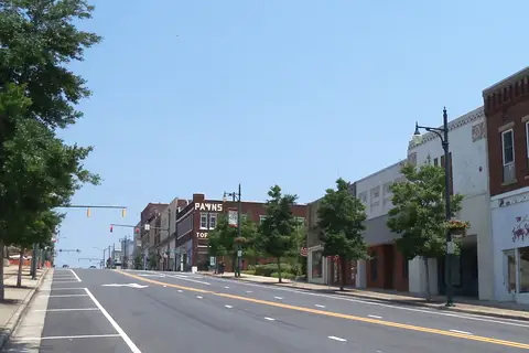 Historic brick commercial facades and streetscape of the Downtown Albemarle Historic District in North Carolina