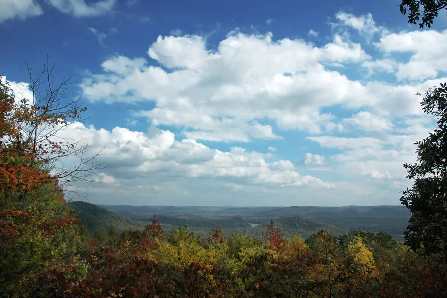 Panoramic mountain summit overlook across the Uwharrie foothills from Morrow Mountain near Albemarle