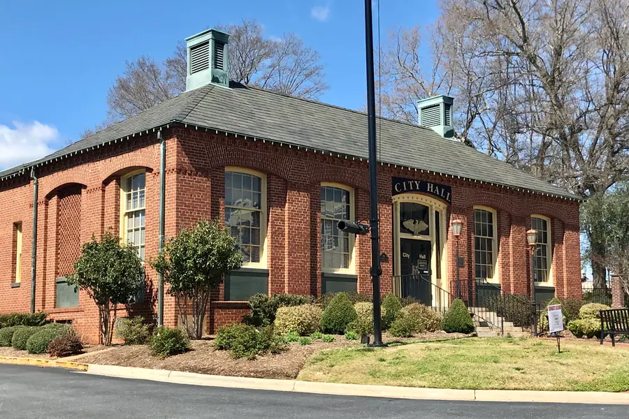Historic brick exterior of Belmont City Hall in downtown Belmont, North Carolina